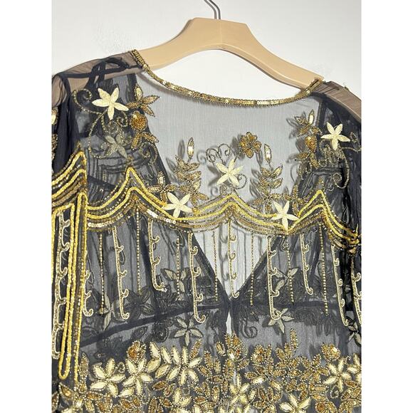 GORGOUS VINTAGE Black Gold Silky Beaded Embroidered Jacket Blouse Top L/XL - Picture 8 of 8
